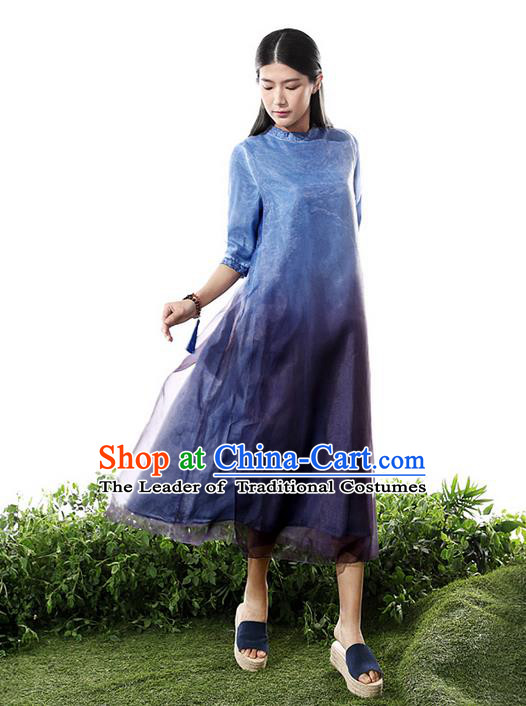 Traditional Chinese Costume Elegant Hanfu Printing Silk Dress, China Tang Suit Cheongsam Blue Qipao Dress Clothing for Women