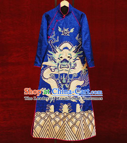 Traditional Chinese Costume Elegant Hanfu Printing Embroidery Dragon Dress, China Tang Suit Plated Buttons Blue Cheongsam Satin Qipao Dress Clothing for Women