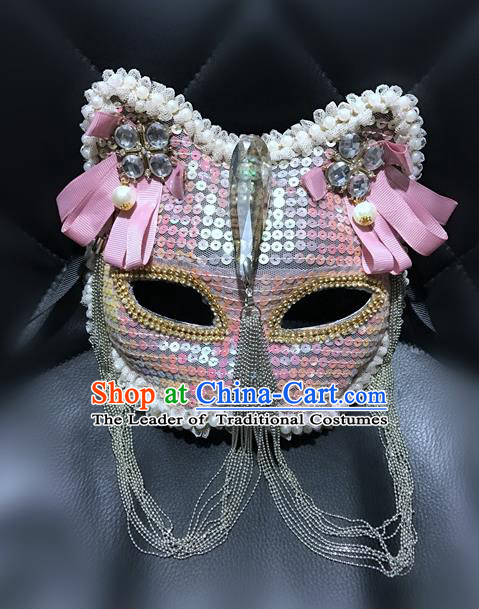 Top Grade Halloween Masquerade Accessories Crystal Mask, Brazilian Carnival Pink Cat Mask for Women