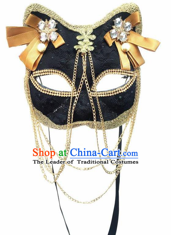 Top Grade Halloween Masquerade Accessories Crystal Mask, Brazilian Carnival Black Cat Mask for Women