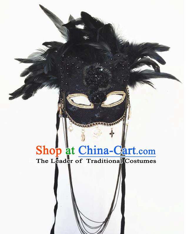 Top Grade Halloween Masquerade Accessories Deluxe Feather Mask, Brazilian Carnival Black Feather Cat Mask for Women