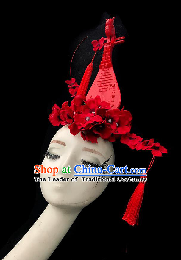 Top Grade Chinese Traditional Halloween Hair Accessories, China Style Cosplay Red Lute Headwear Catwalks Headpiece for Women