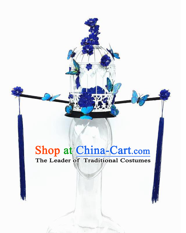 Top Grade Chinese Traditional Halloween Hair Accessories, China Style Cosplay Blue Butterfly Flowers Headwear Catwalks Headpiece for Women