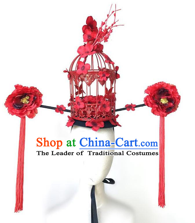 Top Grade Chinese Traditional Halloween Red Peony Hair Accessories, China Style Cosplay Birdcage Headwear Catwalks Headpiece for Women