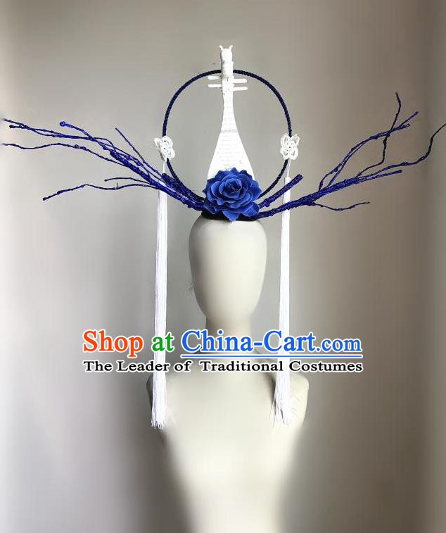 Top Grade Chinese Traditional Halloween Blue Peony Hair Accessories, China Style Cosplay Lute Headwear Catwalks Headpiece for Women
