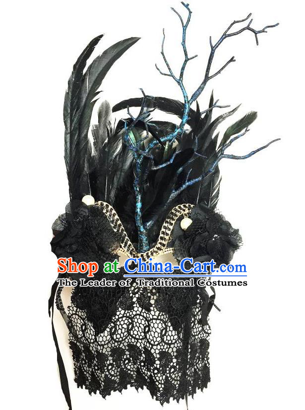 Top Grade Halloween Masquerade Accessories Ceremonial Occasions Handmade Model Show Mask Black Feather Headwear, Brazilian Carnival Lace Veil Mask for Men