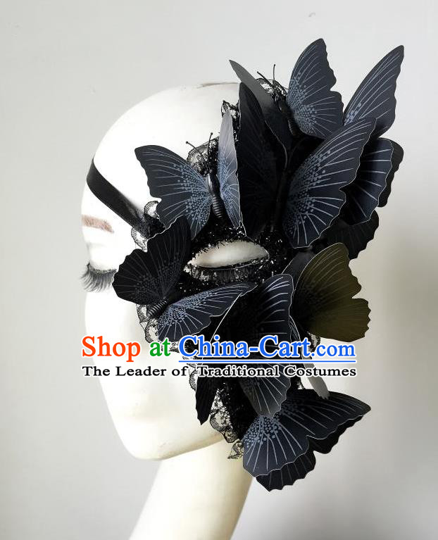 Top Grade Halloween Masquerade Ceremonial Occasions Handmade Model Show Black Butterfly Mask Headwear, Brazilian Carnival Half Mask for Women