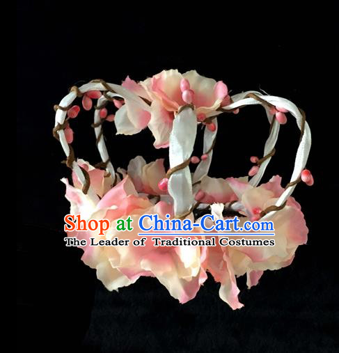 Top Grade Chinese Theatrical Headdress Ornamental Pink Flowers Hair Accessories, Ceremonial Occasions Handmade Halloween Royal Crown for Women