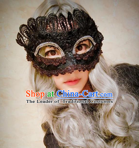 Top Grade Chinese Theatrical Headdress Ornamental Black Lace Mask, Ceremonial Occasions Handmade Halloween Blindfold for Women