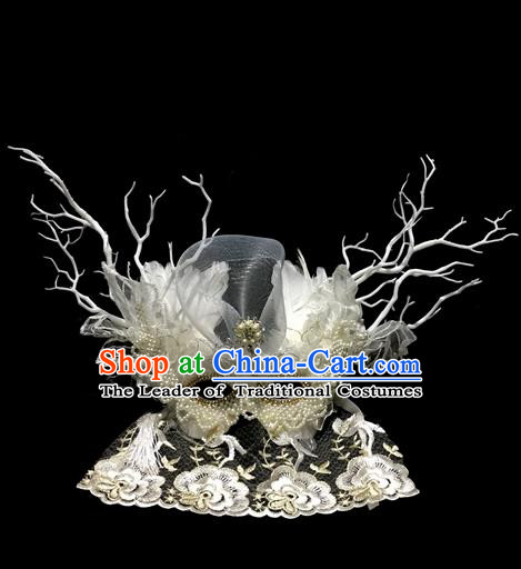 Top Grade Chinese Theatrical Luxury Headdress Ornamental White Beads Mask, Halloween Fancy Ball Ceremonial Occasions Handmade Veil Headpiece for Men