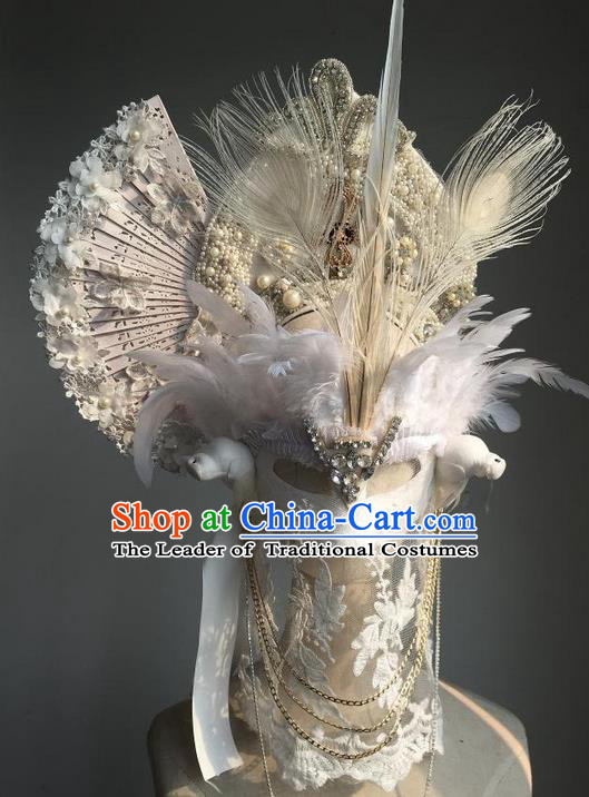 Top Grade Chinese Theatrical Luxury Headdress Ornamental White Headwear and Mask, Halloween Fancy Ball Ceremonial Occasions Handmade Veil Headpiece for Women