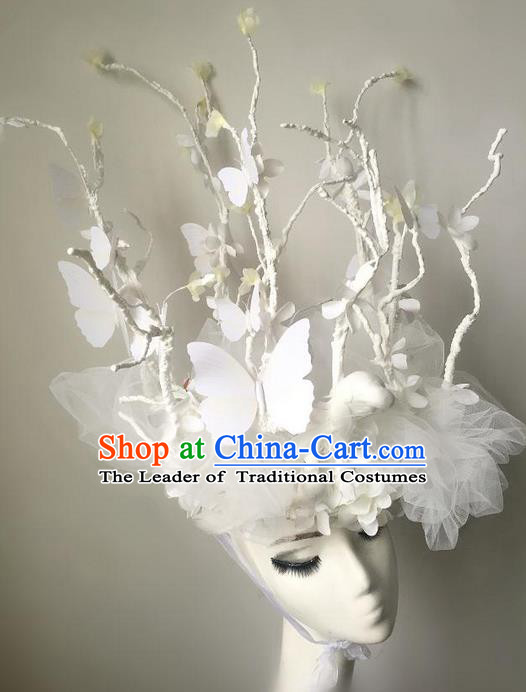 Top Grade Chinese Theatrical Luxury Headdress Ornamental White Butterfly Headwear, Halloween Fancy Ball Ceremonial Occasions Handmade Bride Headpiece for Women