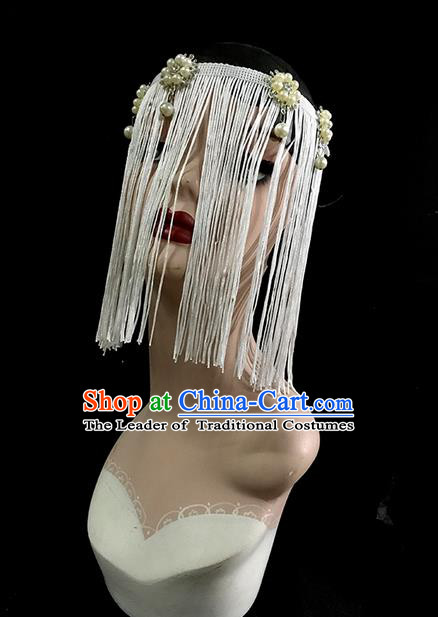 Top Grade Chinese Theatrical Luxury Headdress Ornamental Tassel Mask, Halloween Fancy Ball Ceremonial Occasions Handmade Bride Face Mask for Women
