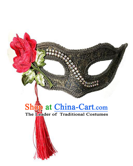 Top Grade Chinese Theatrical Luxury Headdress Ornamental Red Tassel Mask, Halloween Fancy Ball Ceremonial Occasions Handmade Flower Face Mask for Men