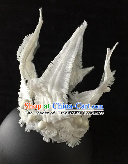 Top Grade Chinese Theatrical Luxury Headdress Ornamental White Hair Crown, Halloween Fancy Ball Ceremonial Occasions Handmade Bride Headwear for Women