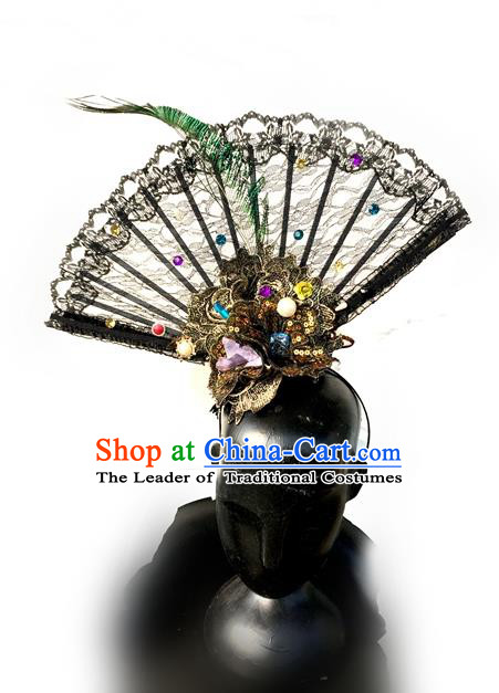 Top Grade Chinese Theatrical Luxury Headdress Ornamental Hair Clasp, Halloween Fancy Ball Asian Headpiece Headpieces Model Show Headwear for Women