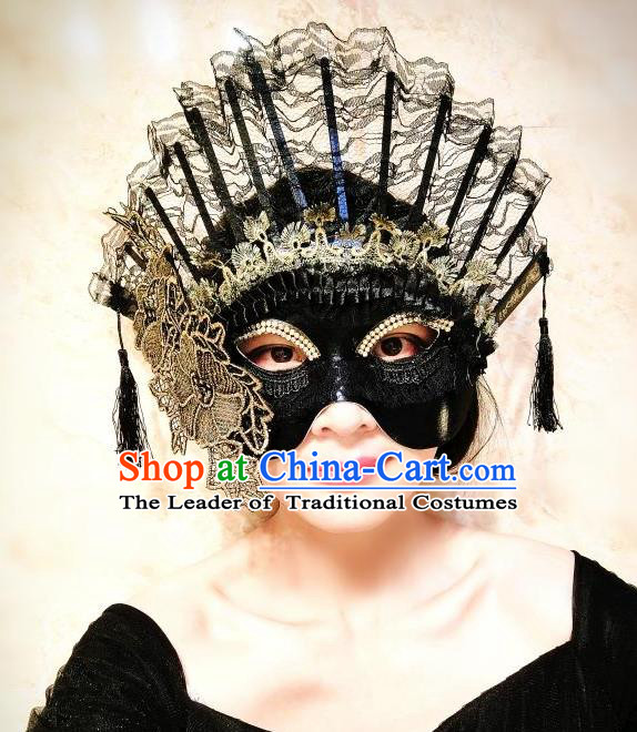 Top Grade Chinese Theatrical Luxury Headdress Ornamental Lace Mask, Halloween Fancy Ball Asian Headpieces Model Show Headwear for Women