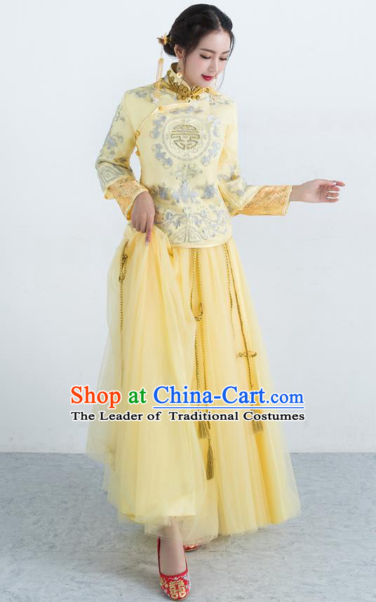 Traditional Ancient Chinese Wedding Costume Handmade XiuHe Suits Embroidery Golden Dress Bride Toast Cheongsam, Chinese Style Hanfu Wedding Clothing for Women