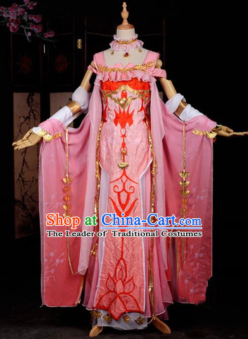 Chinese Ancient Cosplay Han Dynasty Royal Princess Costumes, Chinese Traditional Pink Dress Clothing Chinese Cosplay Swordsman Costume for Women