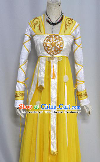 Chinese Ancient Cosplay Han Dynasty Princess Costumes, Chinese Traditional Yellow Dress Clothing Chinese Cosplay Palace Lady Costume for Women