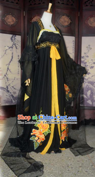 Chinese Ancient Cosplay Tang Dynasty Imperial Princess Fairy Costumes, Chinese Traditional Hanfu Black Dress Clothing Chinese Palace Lady Dance Costume for Women