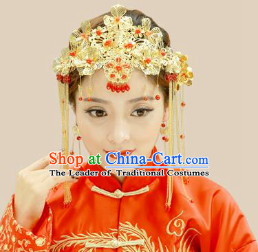 Traditional Handmade Chinese Ancient Classical Hair Accessories Xiuhe Suit Red Beads Golden Hairpin Complete Set, Step Shake Hair Sticks Hair Jewellery Hair Fascinators for Women