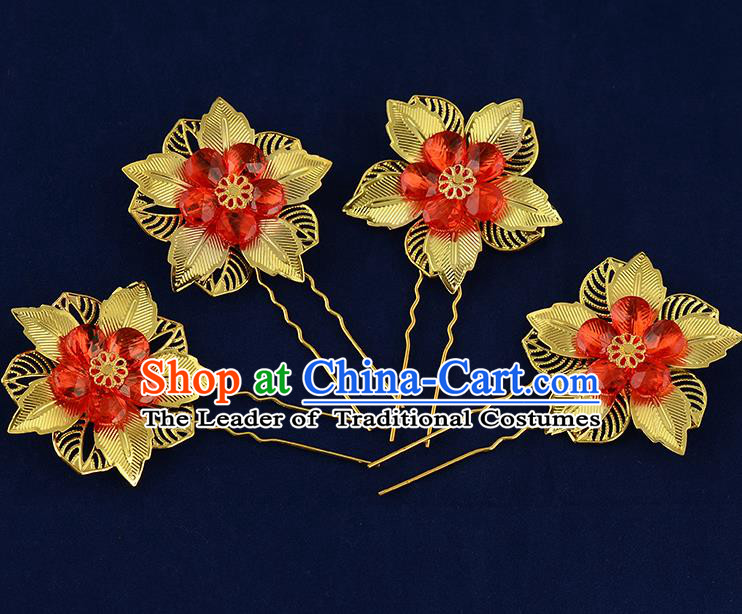 Traditional Handmade Chinese Ancient Classical Hair Accessories Xiuhe Suit Red Beads Flower Hairpin Hair Comb, Hair Sticks Hair Jewellery Hair Fascinators for Women