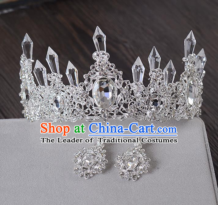 Top Grade Handmade Chinese Classical Hair Accessories Baroque Style Crystal Queen Royal Crown and Earrings, Hair Sticks Hair Jewellery Hair Clasp for Women