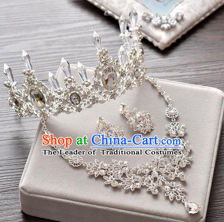 Top Grade Handmade Chinese Classical Hair Accessories Baroque Style Crystal Queen Royal Crown and Necklace Earrings, Hair Sticks Hair Jewellery Hair Clasp for Women