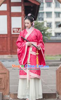 Traditional Chinese Han Dynasty Palace Princess Wide Sleeve Costume, China Ancient Hanfu Watermelon Red Dress Imperial Concubine Embroidery Clothing for Women