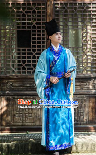 Traditional Chinese Han Dynasty Prince Hanfu Costume Blue Long Robe, China Ancient Scholar Embroidery Clothing for Men