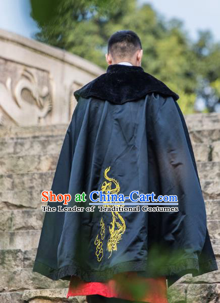 Traditional Chinese Han Dynasty Prince Hanfu Costume Black Cloak, China Ancient Scholar Embroidery Cape Clothing for Men