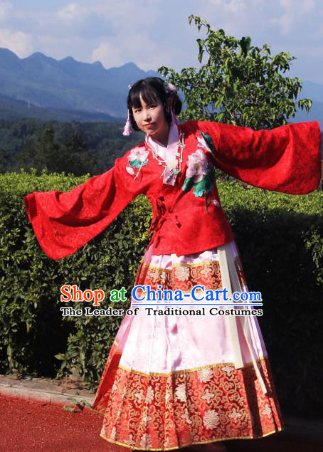 Traditional Chinese Ming Dynasty Imperial Consort Hanfu Costume Pink Horse Face Skirt, China Ancient Dress Palace Princess Embroidery Clothing for Women