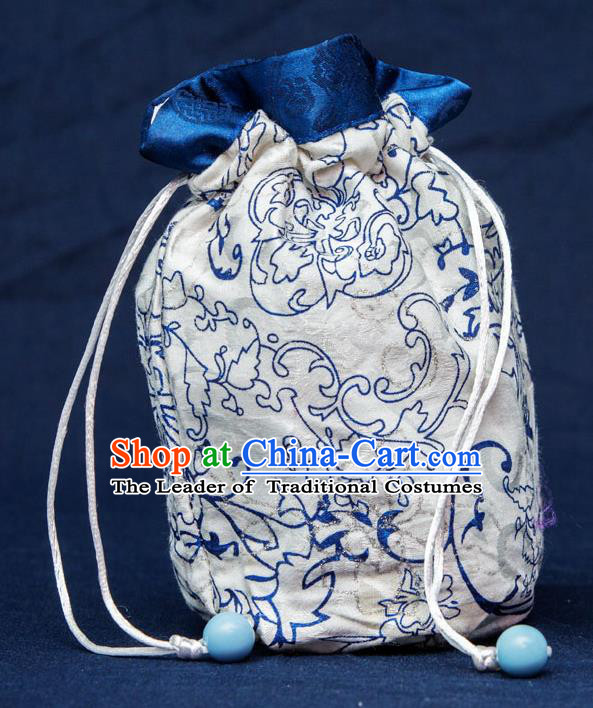 Traditional Handmade Chinese Ancient Young Lady Pouch White Handbags, China Hanfu Embroidery Linen Sachet for Women