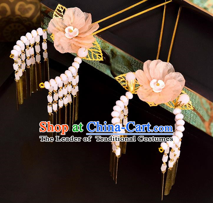 Traditional Handmade Chinese Ancient Classical Hair Accessories Barrettes Hanfu Hairpin Pink Silk Flower Tassel Step Shake, Bride Hair Fascinators Hairpins for Women