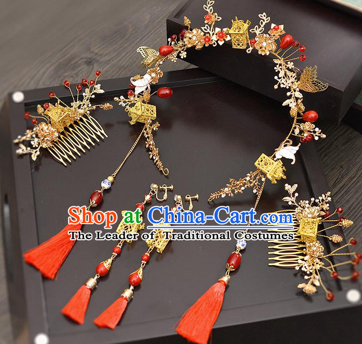 Traditional Handmade Chinese Ancient Classical Hair Accessories Xiuhe Suit Red Tassel Hairpin Step Shake Phoenix Coronet Complete Set, Hair Sticks Hair Jewellery Hair Fascinators for Women