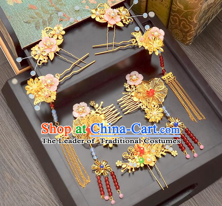Traditional Handmade Chinese Ancient Classical Hair Accessories Xiuhe Suit Pink Shell Flowers Tassel Hairpin Phoenix Coronet Complete Set, Step Shake Hair Sticks Hair Jewellery Hair Fascinators for Women