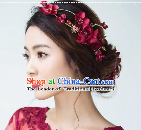 Top Grade Handmade Chinese Classical Hair Accessories Baroque Style Wedding Wine Red Flowers Headband Bride Hair Stick for Women