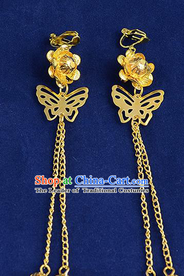 Top Grade Handmade Chinese Classical Jewelry Accessories Xiuhe Suit Wedding Golden Butterfly Earrings Bride Tassel Eardrop for Women