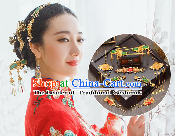 Traditional Handmade Chinese Ancient Wedding Hair Accessories Xiuhe Suit Jade Tassel Phoenix Coronet Complete Set, Bride Hair Sticks Hair Jewellery for Women