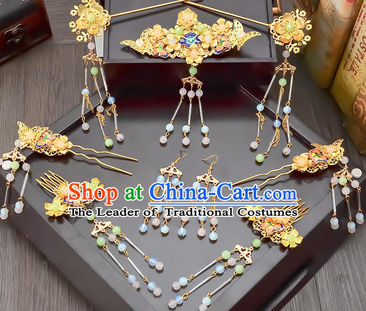 Traditional Handmade Chinese Ancient Wedding Hair Accessories Xiuhe Suit Tassel Step Shake Frontlet Complete Set, Bride Hair Sticks Hair Jewellery for Women