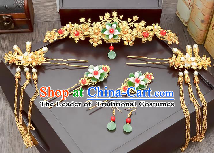 Traditional Handmade Chinese Ancient Wedding Hair Accessories Xiuhe Suit Tassel Step Shake Pearls Frontlet Complete Set, Bride Hair Sticks Hair Jewellery for Women