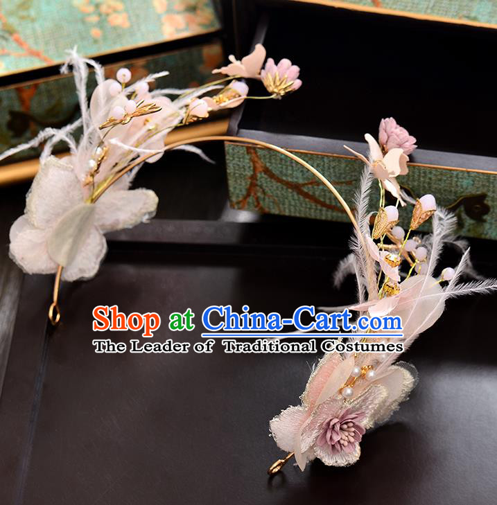 Top Grade Handmade Chinese Classical Hair Accessories Baroque Style Wedding Pink Feather Opal Garland Hair Clasp Headband Bride Headwear for Women