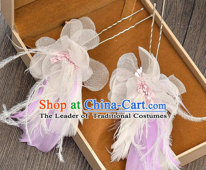 Top Grade Handmade Chinese Classical Hair Accessories Baroque Style Wedding Purple Feather Hairpins Hair Claw Headband Bride Headwear for Women