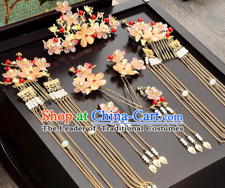 Traditional Handmade Chinese Ancient Wedding Hair Accessories Xiuhe Suit Ancient Costume Crystal Flowers Phoenix Hairpins Complete Set, Bride Step Shake Hanfu Hair Sticks Hair Fascinators for Women