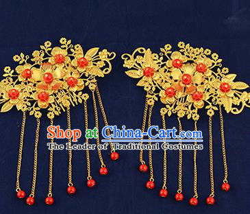 Traditional Handmade Chinese Ancient Wedding Hair Accessories Xiuhe Suit Tassel Hairpins Golden Hair Stick, Bride Step Shake Hanfu Hair Fascinators for Women