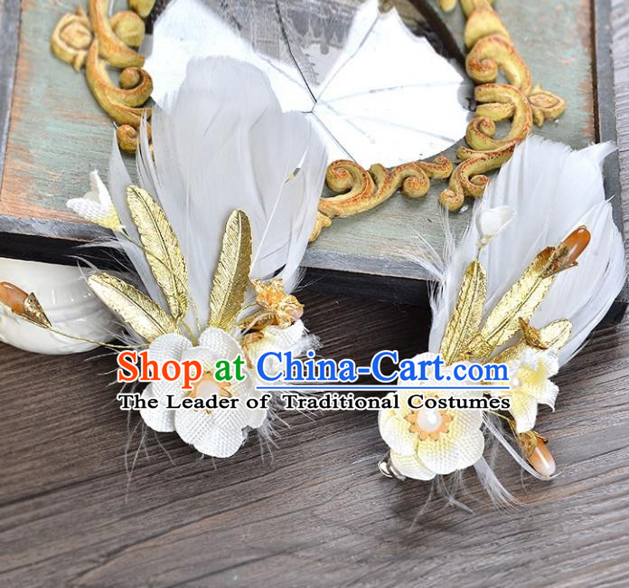 Top Grade Handmade Chinese Classical Hair Accessories Princess Wedding White Feather Flower Hair Claw Hair Stick Bride Headwear for Women