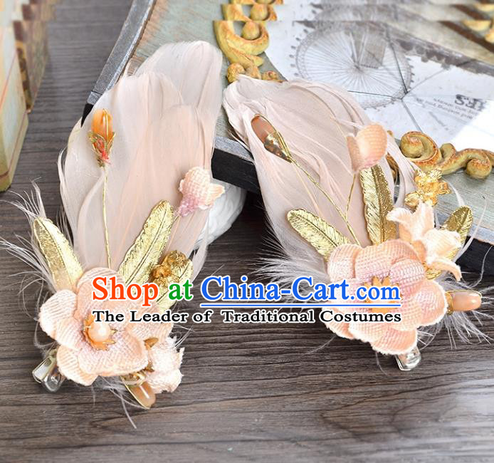 Top Grade Handmade Chinese Classical Hair Accessories Princess Wedding Pink Feather Flower Hair Claw Hair Stick Bride Headwear for Women
