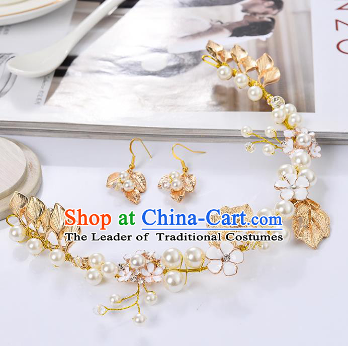 Top Grade Handmade Chinese Classical Jewelry Accessories Queen Wedding Golden Leaf Pearls Necklace and Earrings Bride Eardrop for Women