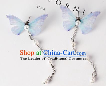 Top Grade Handmade Chinese Classical Jewelry Accessories Xiuhe Suit Wedding Blue Butterfly Tassel Earrings Bride Hanfu Eardrop for Women
